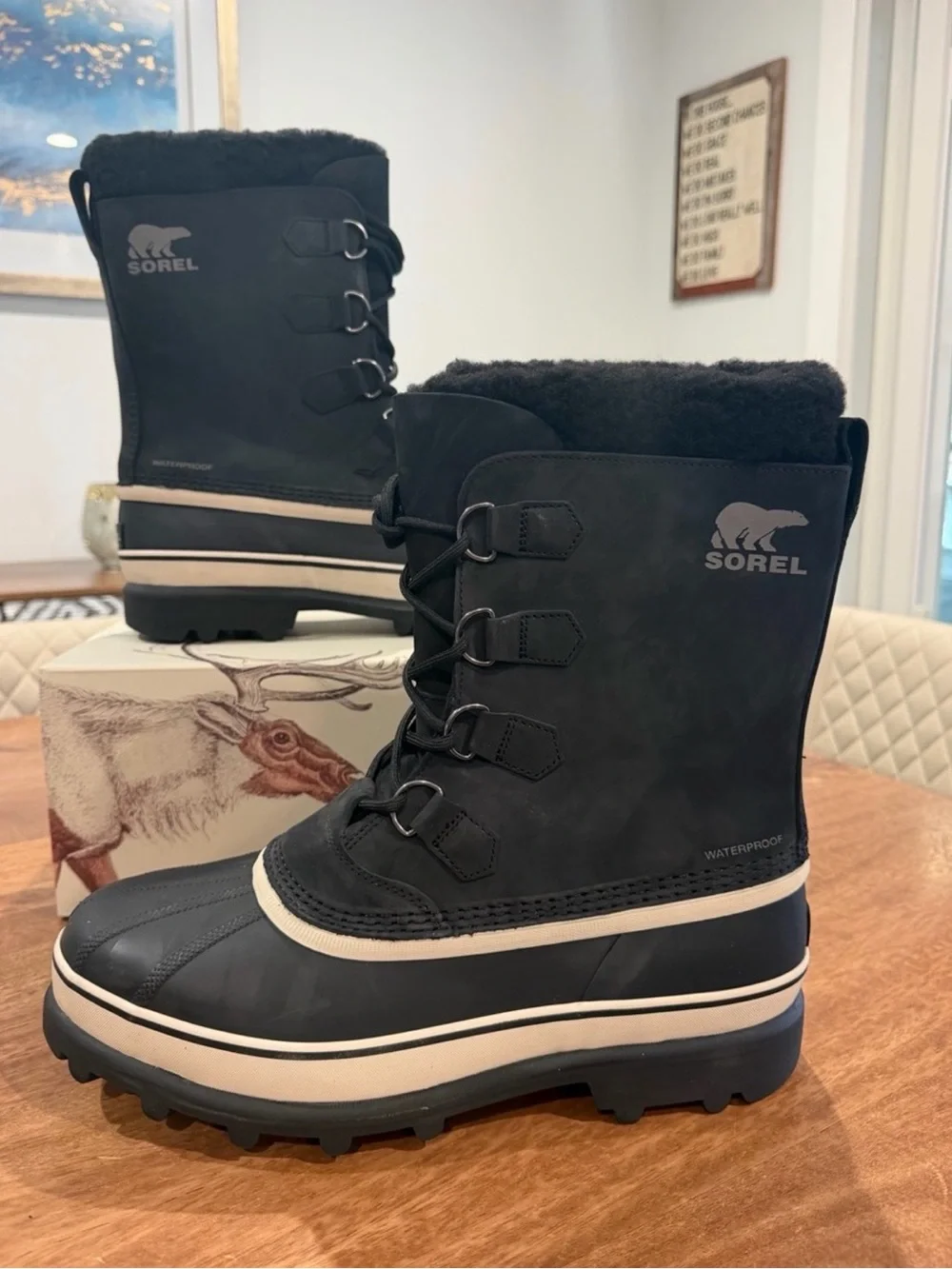 Sorel Caribou WP Black and Cream Snow & Rain Lace-Up Boots Size 10M/11.5W BNIB